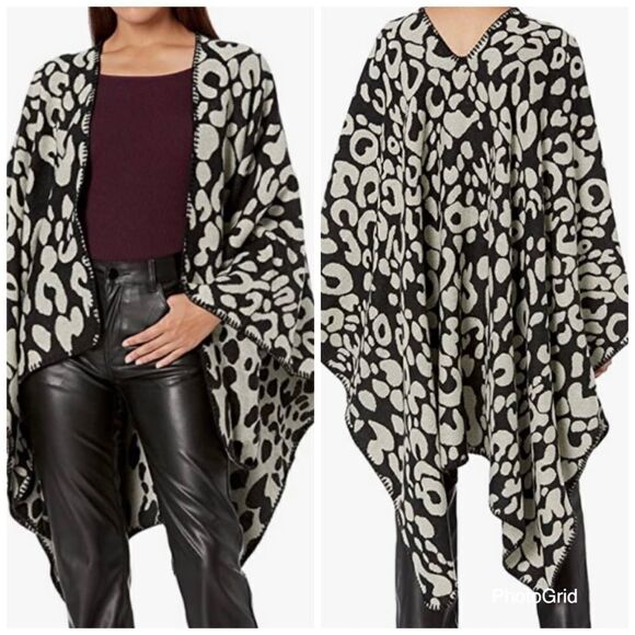 NWT OS Steve Madden Leopard Black Grey Reversible Poncho Cape Ruana Animal print - Picture 1 of 11